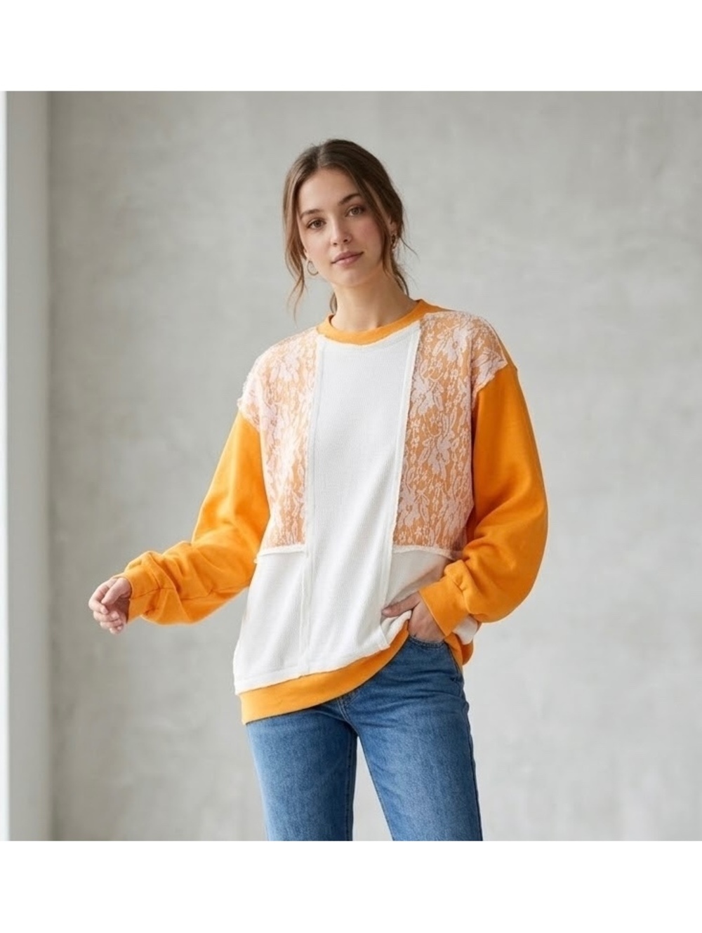 Vintage Fruit of the Loom LCG Best Orange and White Lace Panel Sweatshirt